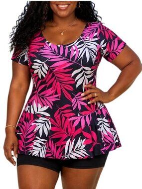Knaspor Size 12-14 Swim Dress One Piece Pink Floral Leaf Print Black Shorts